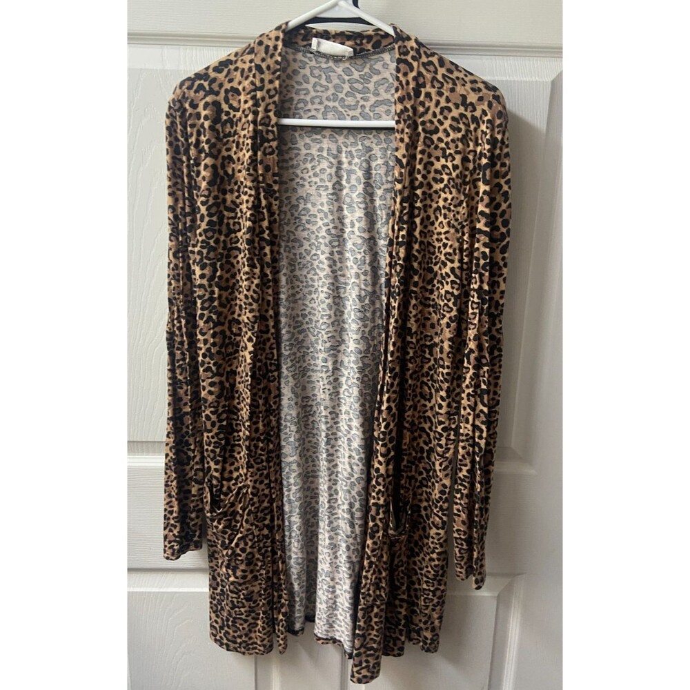 Zenana Open Front Cardigan Knit Womens Large Animal Print Hip Length Stretch